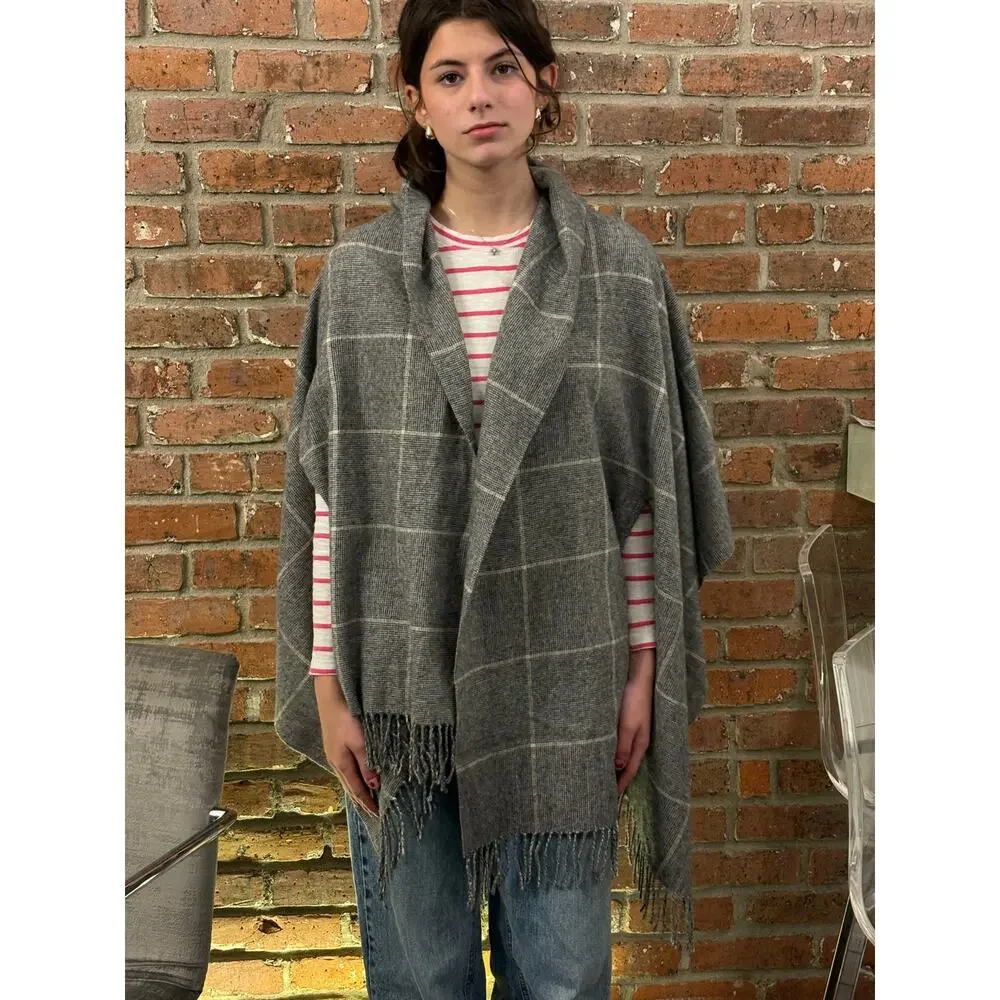 Madewell Grey Black White Plaid Cape Scarf Armholes w fringe Wool Overzied